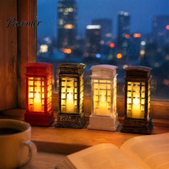 Bedroom Bedside Lamp Telephone Booth Christmas Lantern, Vintage LED Flameless Candle Night Light Retro Phone for Desk, Festive Tabletop Decor, Holiday
