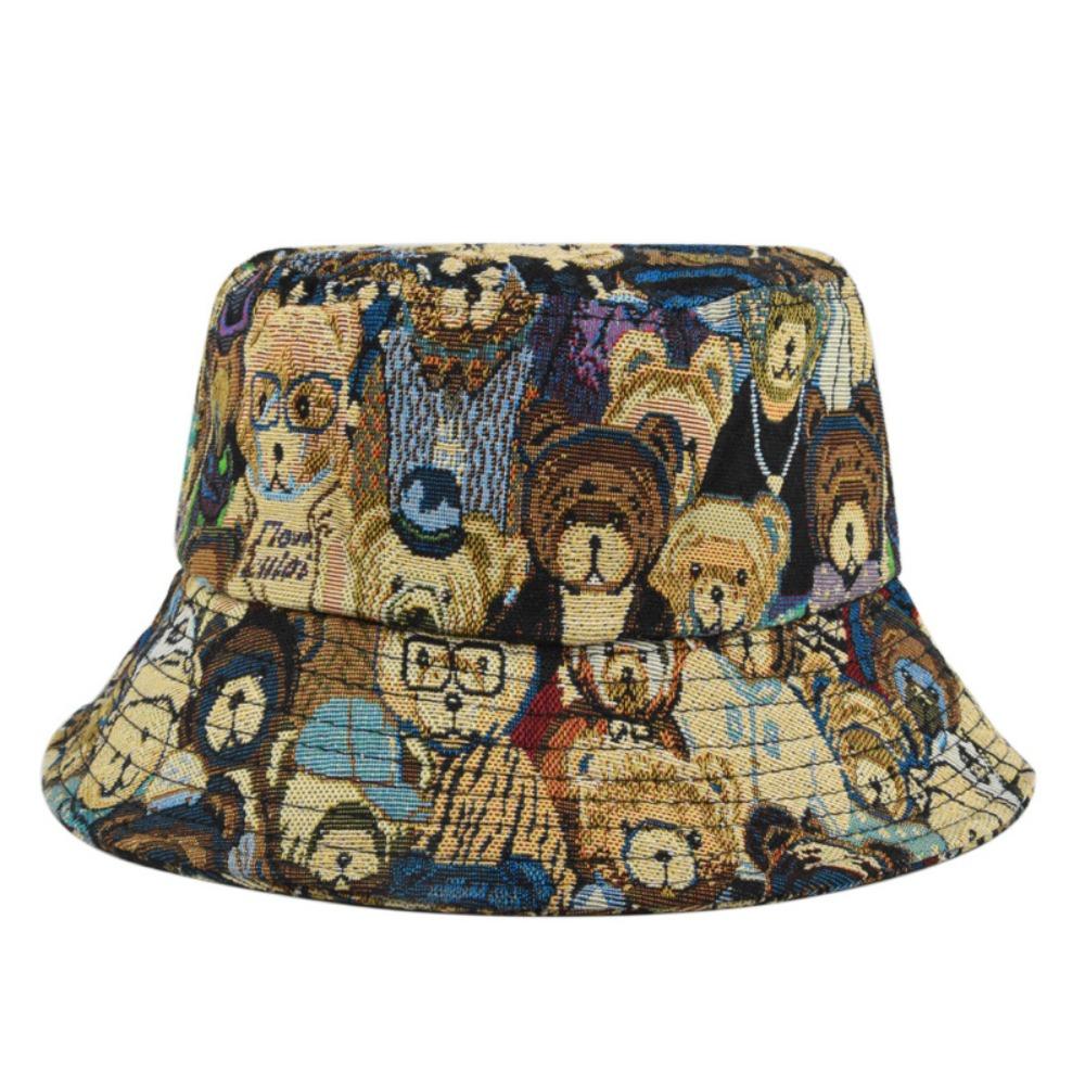 Cartoon Little Bear Fisherman Hat Cotton Hemp Cloth Jacquard Sun Protection Hat Foldable Face Covering Sun Caps Girl