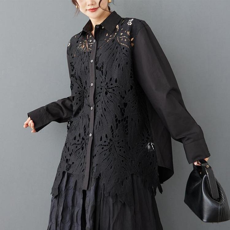 

New Women Spring Lace Blouse Long Sleeve Spliced Buttons Fashion Tops Loose White Tees Dimanaf One Size