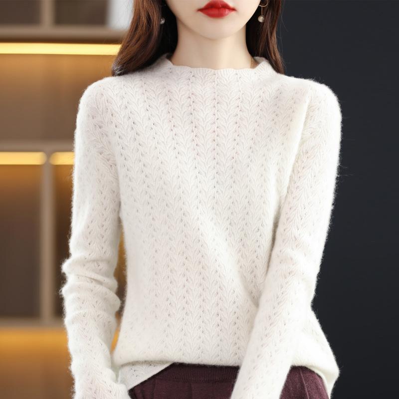 Women's Retro Wool Knit Hollow Out Sweater - Autumn/Winter Long Sleeve Half High Neck Pullover.