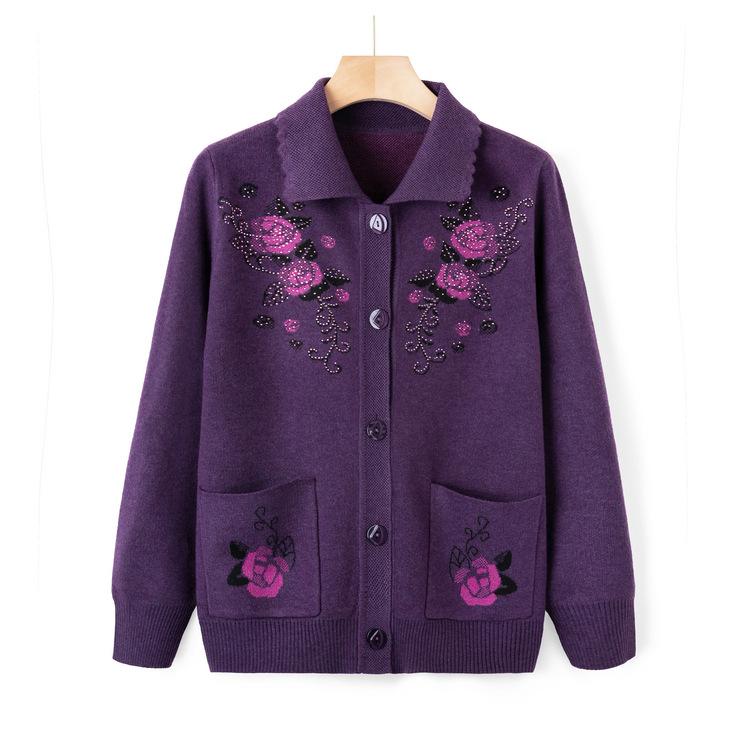 Mom's Autumn Cardigan Sweater Coat Middle-aged and Elderly Sweater Lapel Coat Western Grandma's Autumn Plus Size
