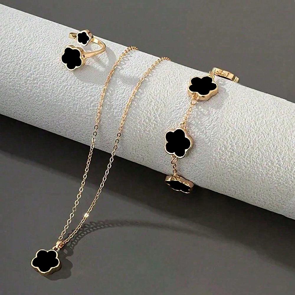 

Набор из 3 предметов с цирконом для женщин, модный и элегантный, ожерелье в форме цветка, браслет, кольцо, аксессуары, подходит для повседневного ношения чёрный