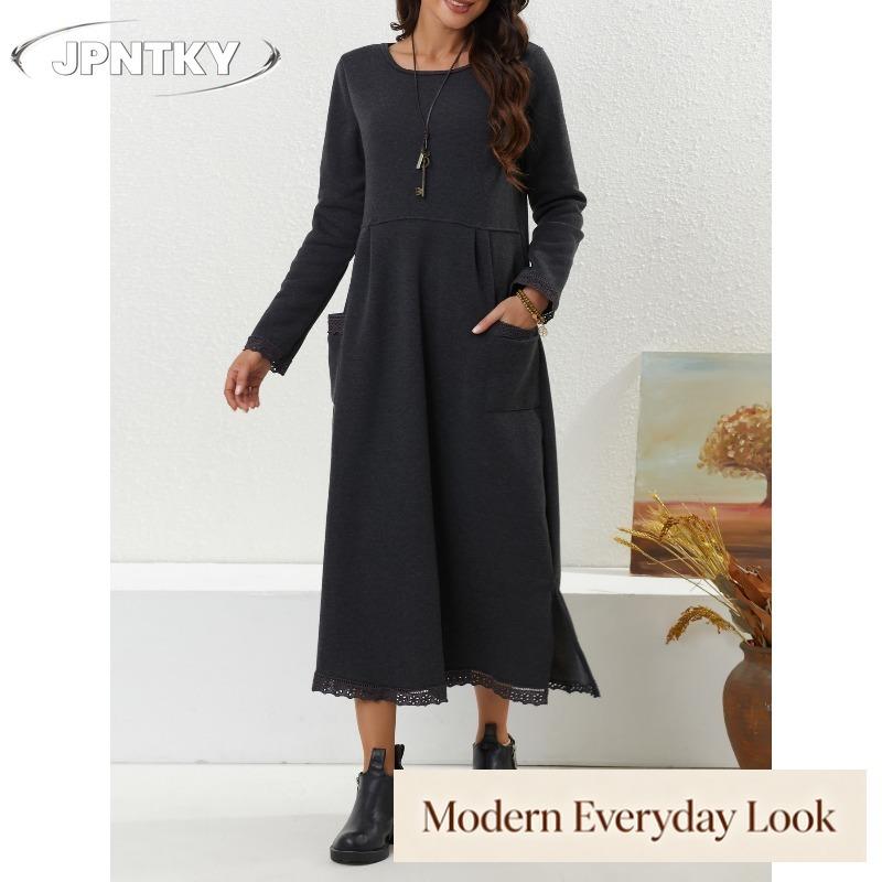 JPNTKY Fashion Autumn Winter Solid Color Print O-Neck Long Sleeve Casual Dresses