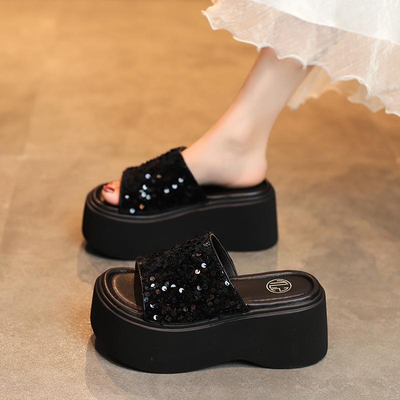 Fashion 8CM Thick Bottom Summer Bling Leather Slippers Women's Sandals 2024 Women Wedges High Platform Flat Shoes Woman Beach Flip Flops