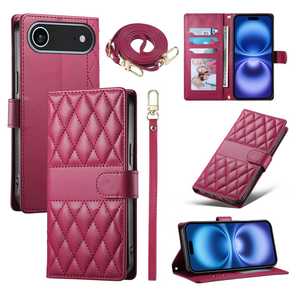 For iPhone 17 Air Case Rhombus Stitching Wallet Stand Leather Phone Cover with Long/Short Strap