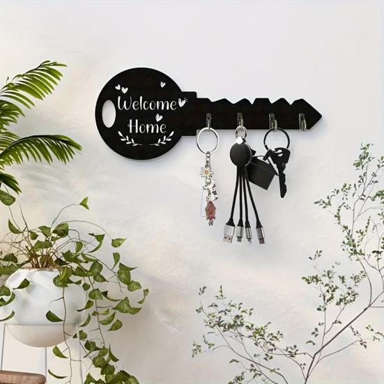 Wall Mounted Key Holder Wooden Key Shaped Key Organizer Rack with 4 Hooks Rustic Key Hanger for Entryway Doorway Bathroom Kitchen