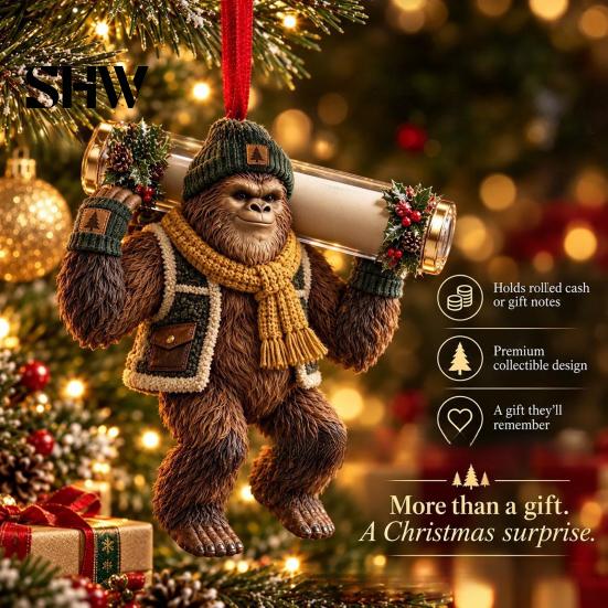 Festive Cash Holder for Holidays Big Foot Money Cash, 2D Acrylic Sasquatch Gift Fun Christmas Family Ornament, Clear Xmas Tree Hanging Decoration