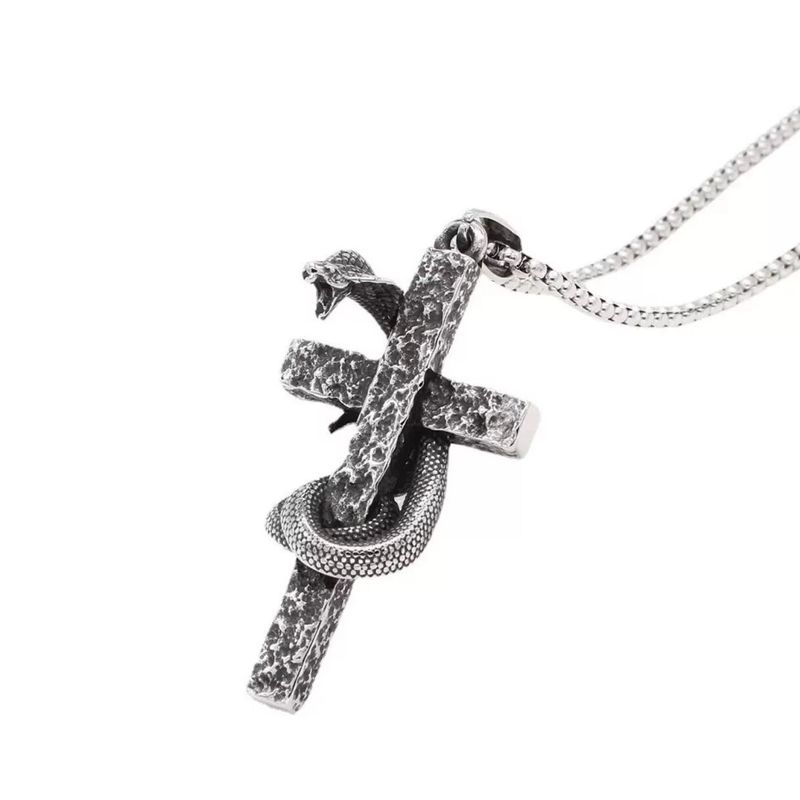 Vintage Ancient Snake Wrapped Cross Ins Retro Europe and America Rap Hip Hop Men and Women Clavicle Chain Stylish Titanium Steel Necklace