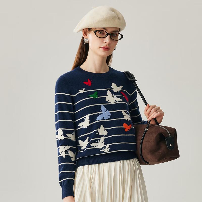 Zhaojun Women's 100% Cashmere Striped Round Neck Sweater