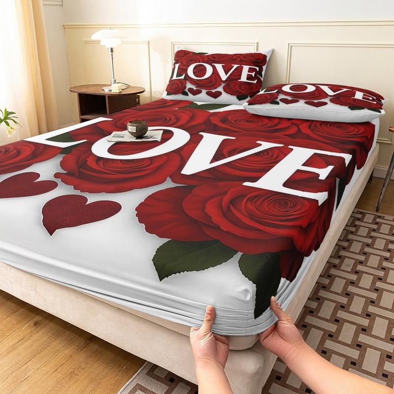3pcs Valentine's Love Rose Day Applicable Love Letter Pattern Fitted Sheet Set, Bedding Set, Soft and Comfortable Fitted Sheet