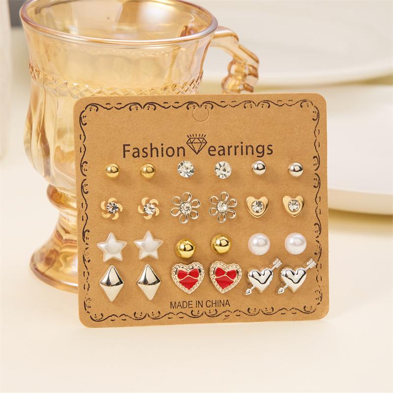 12 Pairs Combination Stud Earrings For Women Girl Moon Star Flower Pearl Zircon Heart Mini Earring Party Personality Jewelry