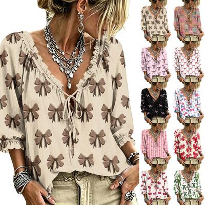Women's Printed V-Neck Blouse with Tie and Ruffle Trim for Casual Wear