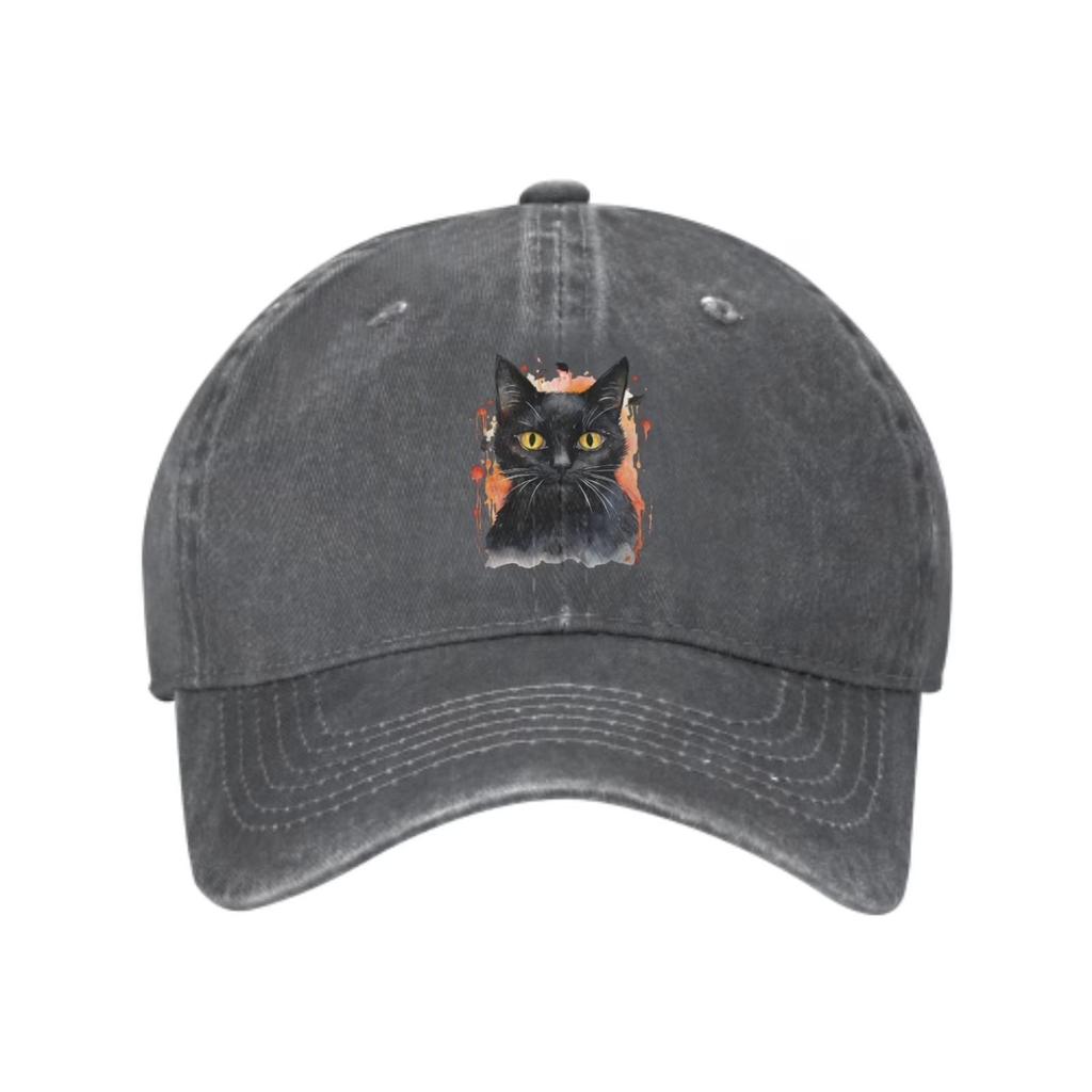 Black Cat Portrait Washed Baseball Cap Unisex Cotton Adjustable Outdoor Trucker Hat