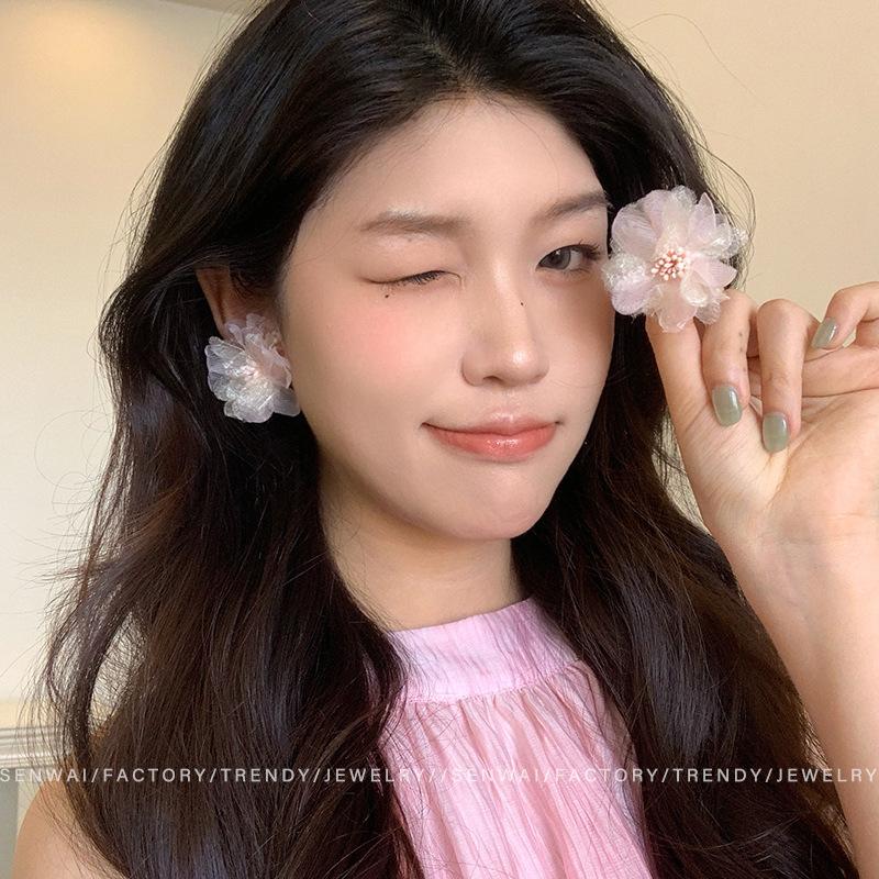 Spring and summer new mesh flower earrings women s small fresh and sweet spice girl stud earrings super fairy personalized earrings