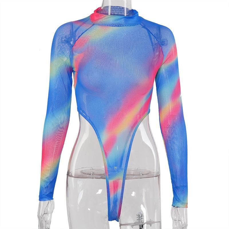 Damen Sommer Mesh Tie-Dye Langarm Slim Fit Bodysuit