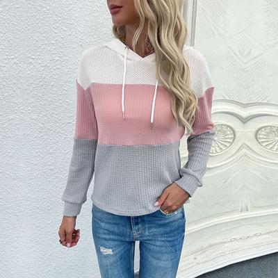 Fall Winter Women Fashion Color-block Knitted Hoodie Loose Drawstring Sweatshirt