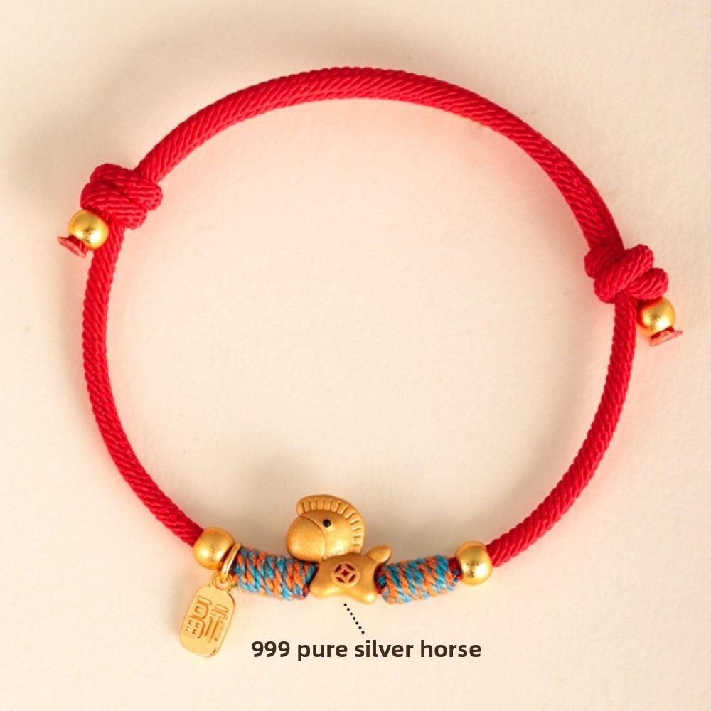 

Braided Red Thread Rope Zodiac Bracelet Handmade Pure Silver Horse Year Bracelet Hand Rope Adjustable Lucky Bracelet