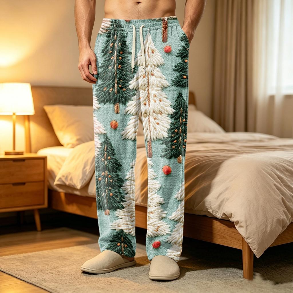 Men's Printed Corduroy Pajama Pants with Pockets, Casual and Sleep Bottoms