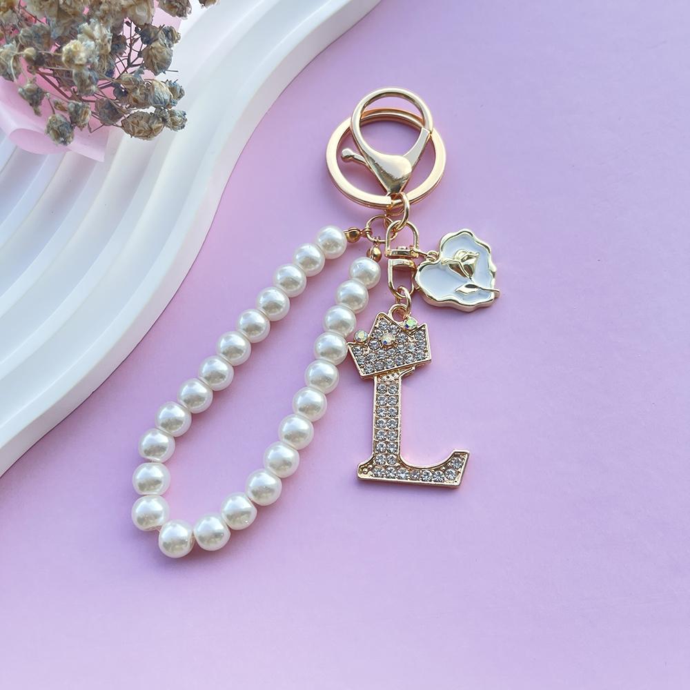 Boutique Crown A-Z 26 Initial Letters Rose Keyring Crystal Faux Pearl Resin Beaded Keychain Bag Pendant Women Girl Gifts Jewelry