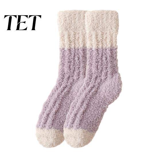 Heat Retaining Lounge Socks Thickened Long Plush for Women, Warm Coral Fleece Socks, Winter Home Foot Warmers Thermal Sleep Anti-static Contrast Color