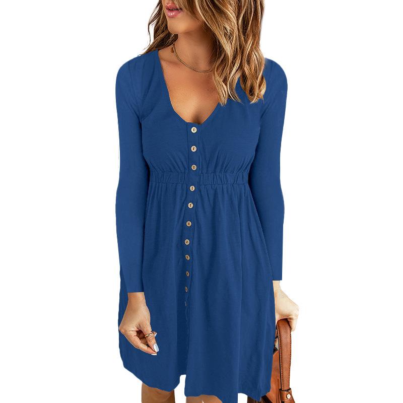Women Dress Long Sleeve V-Neck Button Tunic Mid Dress Fashion Loose Solid  Knee-length Dress for Daily Office,Party