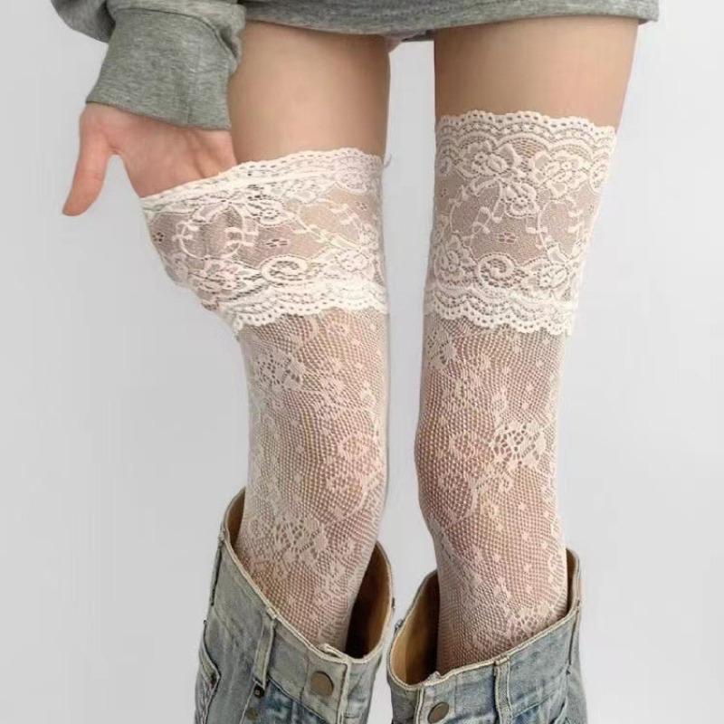 1 Paar Damen Sexy Blumen Netz Spitze Oberschenkelhohe Strümpfe Über das Knie Strümpfe Lolita Stil Mädchen Lange Bein Stiefel Socken One Size beige
