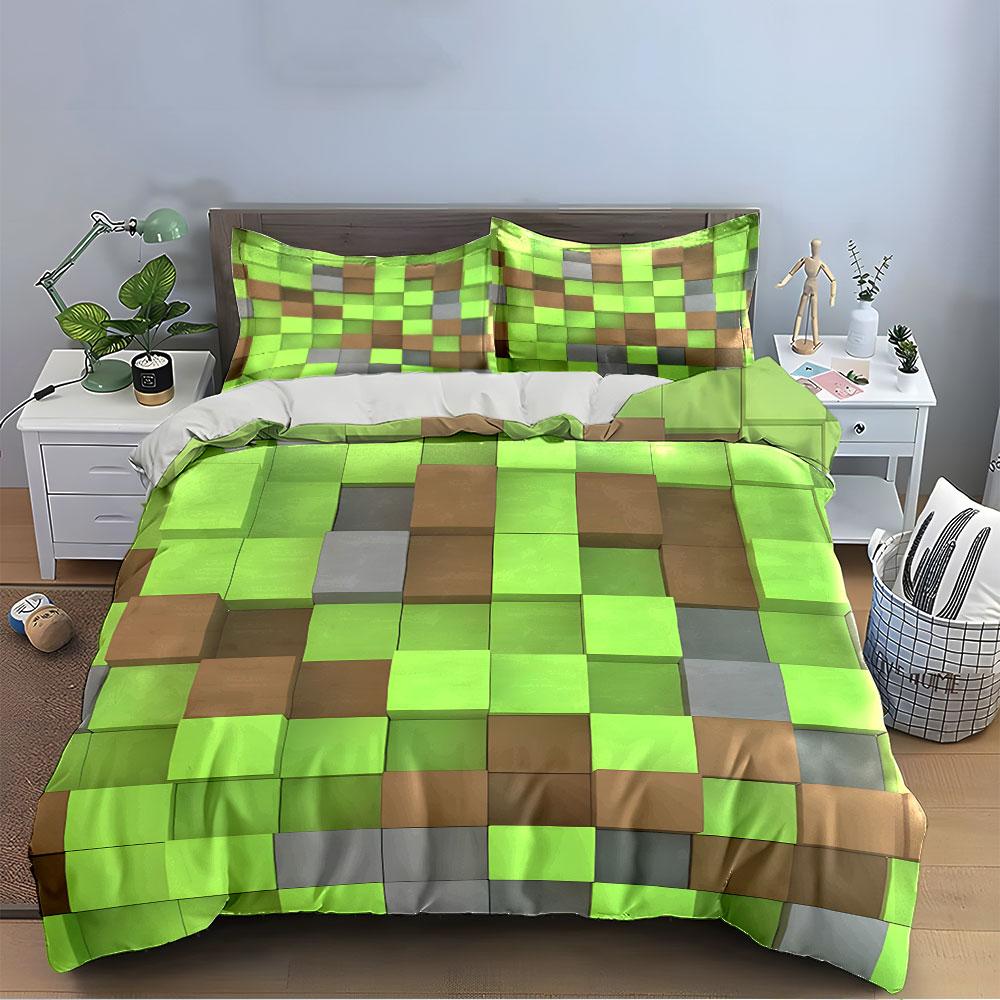 Block-Style Green Brown Pattern Bedding Duvet Cover Set  (1*Duvet Cover 2*Pillowcases, without duvet insert)