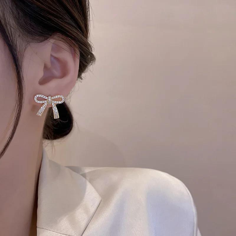 Korean Trendy Zircon Bow Earrings For Women  Luxury Sparkling Cubic Zirconia Bowknot Stud Earrings High Jewelry Gifts