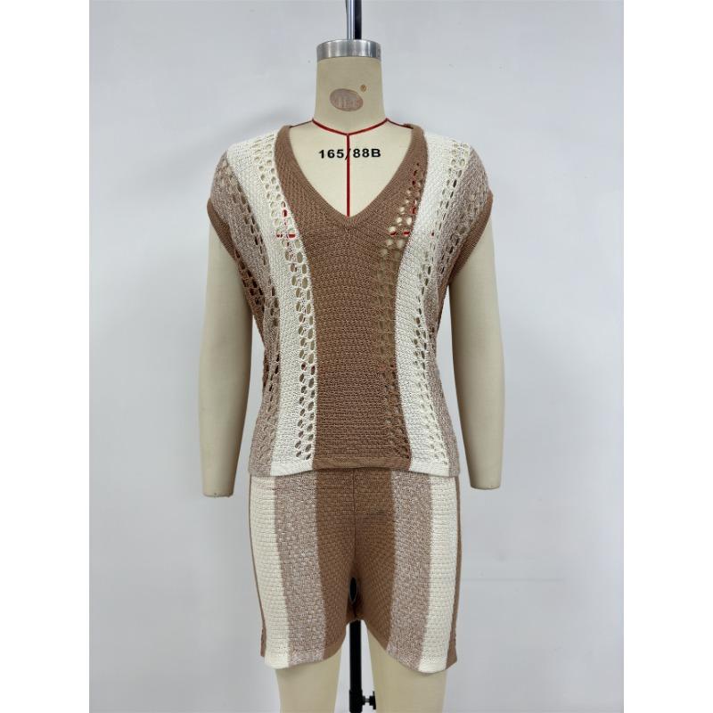 Übergröße Damen Sommer V-Ausschnitt Strickware Neue Mode Lässige Jacke Shorts Zweiteiler