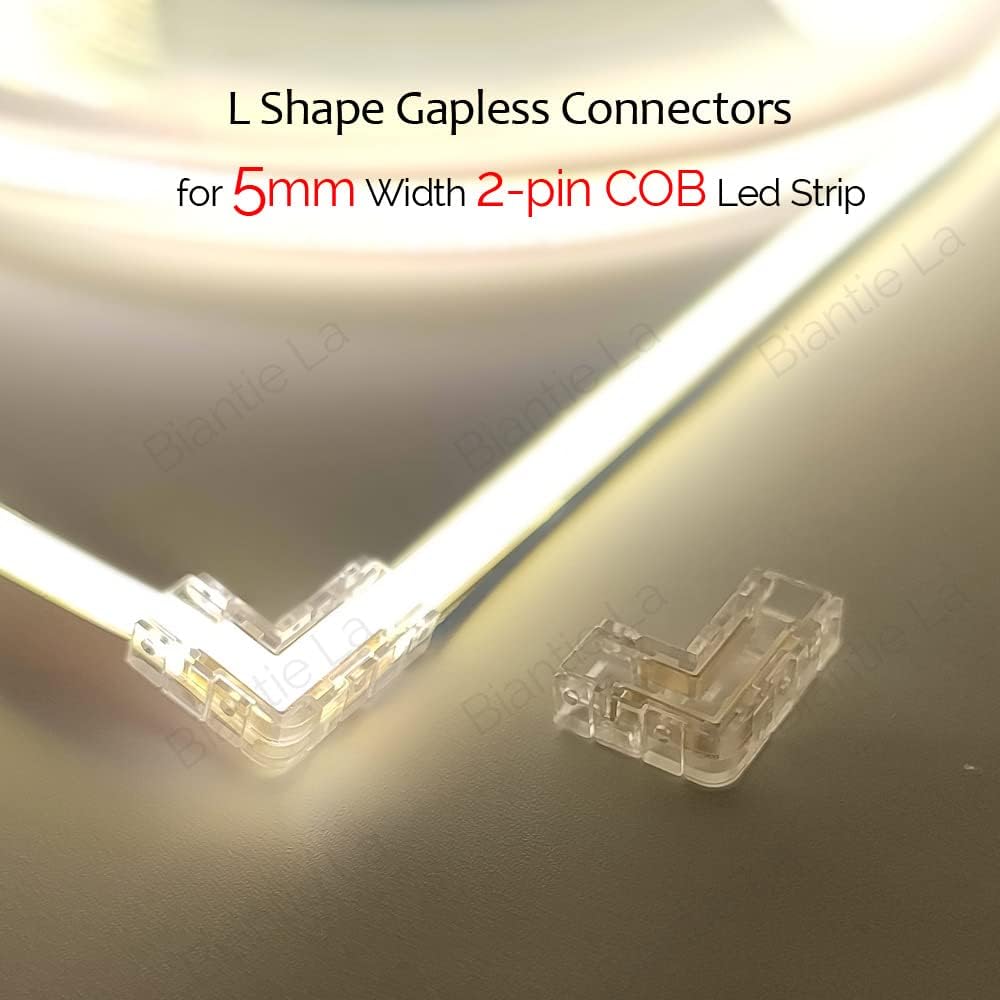 L Shape 5mm 2-Pin COB LED Strip Connectors Right Angle Corner Clips Solderless Adapter Extension for 12v Single Color LED Strip Lights