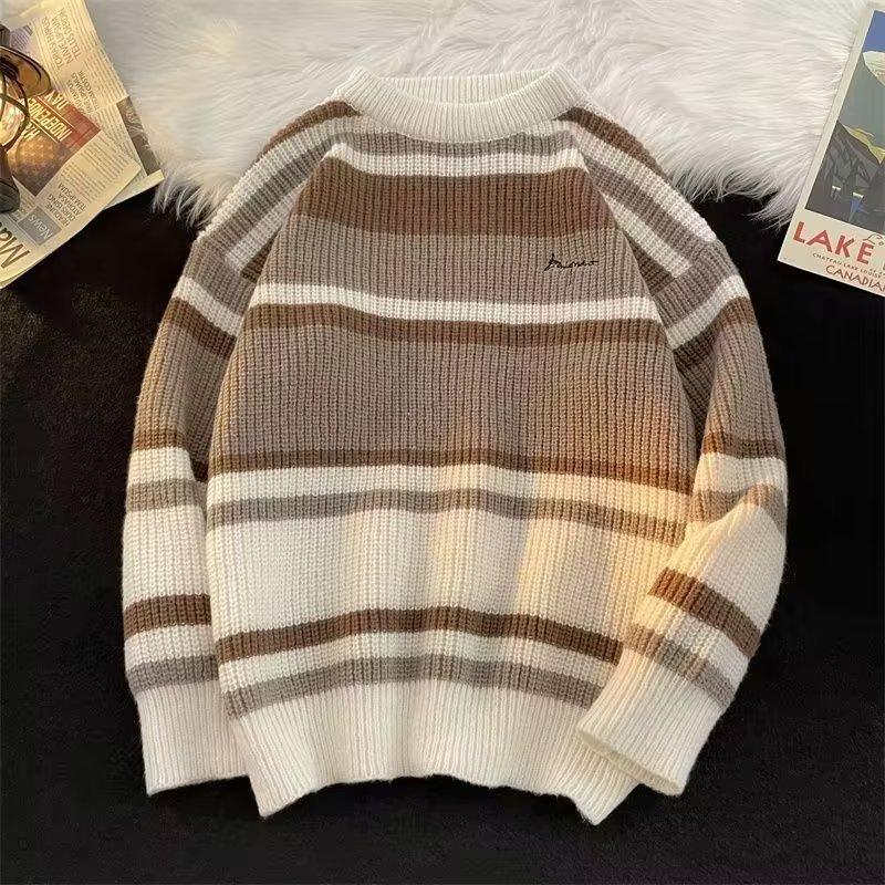 Sweater Men's Japanese retro striped contrasting bottoming sweater, thread sweater, thickened trendy brand loose knitted sweater jacket in autumn 