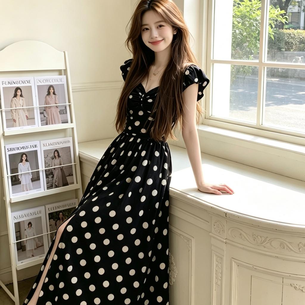 Korean sweet polka dot dress for women's 2026 summer new pleated waist and thin temperament long skirt