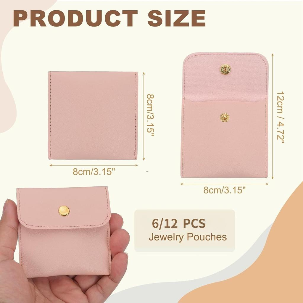 6/12 PCS Premium PU Leather Jewelry Pouch – Square Snap Button Travel Case for Earrings, Rings & Necklaces, Compact Organizer