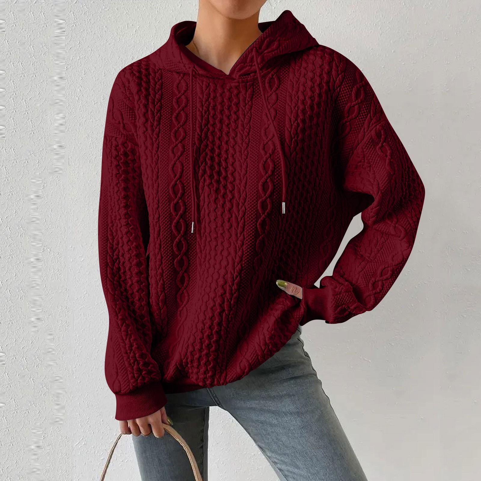 

Женские толстовки с длинным рукавом, повседневные однотонные толстовки с капюшоном на шнурке для женщин, пуловер XL винный