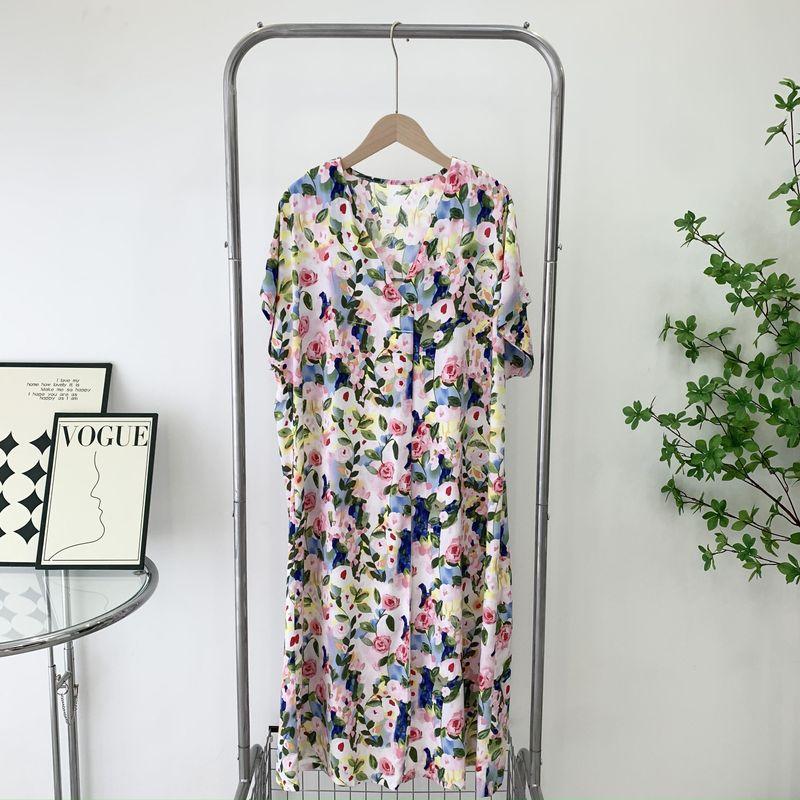 

Artificial Cotton Nightdress Women s V Neck Summer Thin Plus Size Pajamas Short-Sleeved Artificial Cotton Dress Can Be Outerwear Homewear Pink Blue One size