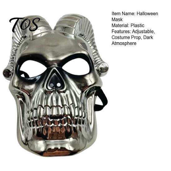 Detailed Devil Mask Halloween Skull Mask, Silver Demon Ram Horn Face Realistic Horned for Party, Scary Headgear, Glossy Metallic Cosplay Prop