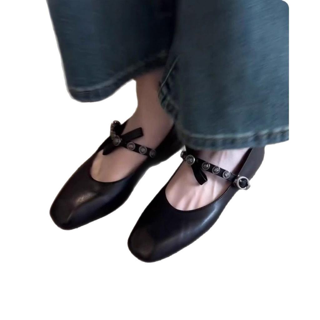 Blue Cabinet, Soft Leather French Single Shoes Women's Flat Bottom Bow Light Mouth Ballet Shoes Small Square Head Retro Mary Jane Shoes