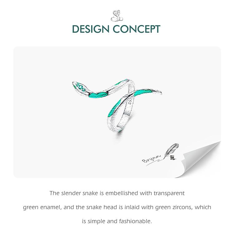 BAMOER 925 Sterling Silver Zelené smaltované zirkony Zelený had otevírací prsten pro ženy Jednoduché a módní prsteny