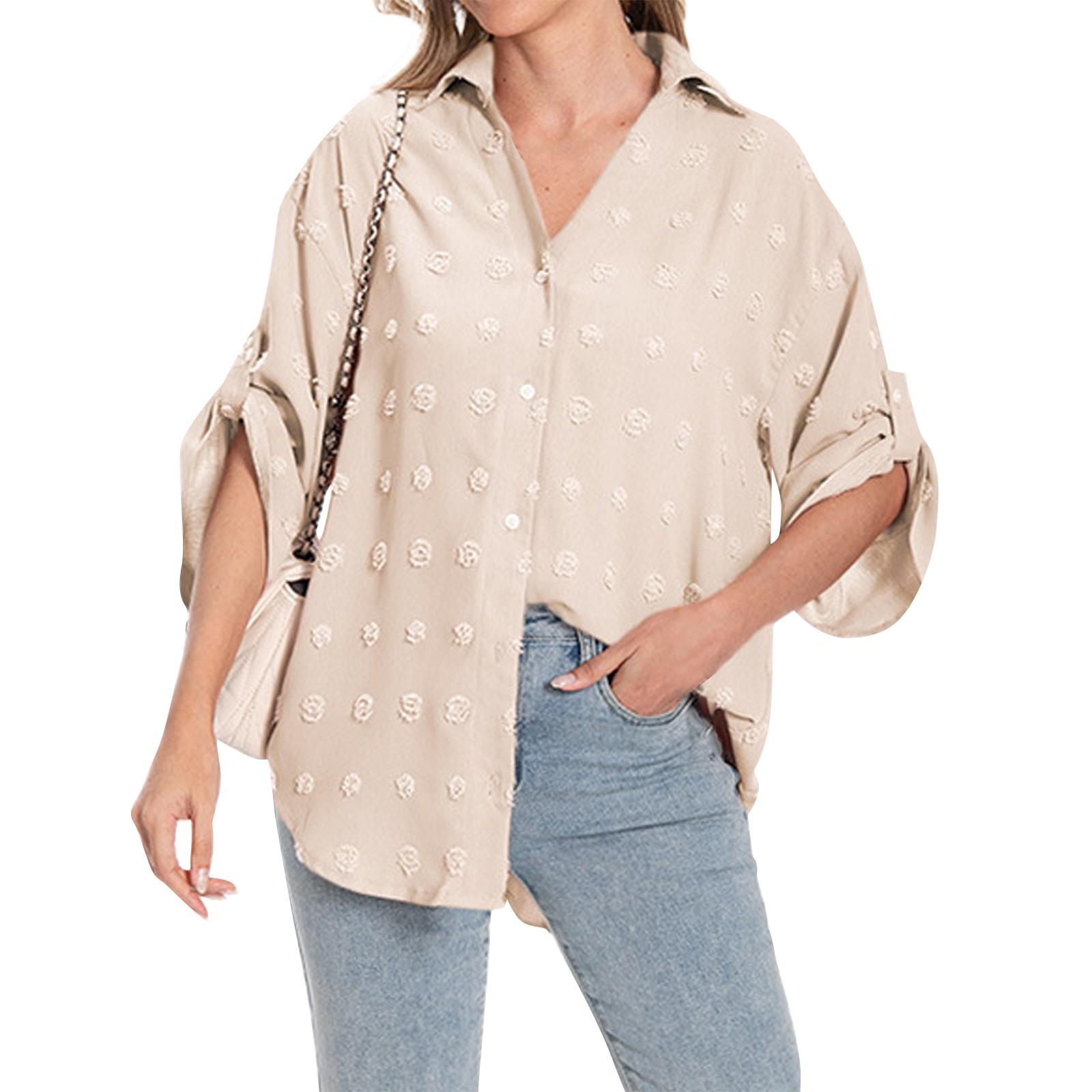 

Женская модная рубашка с короткими волосами, свободный топ со средним рукавом и v-образным вырезом, большими манжетами L бежевый