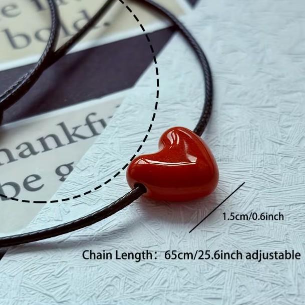 Moda Coreana Cavo Intrecciato Lungo Nero Ciondolo Cuore Rosso in Ceramica Collana per Donna Gioielli Minimalisti Eleganti Retro Y2K Regalo