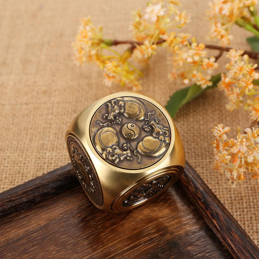 Brass Rotating Handle with Six-Sided Ball and Five Emperors Coins Desktop Ornament