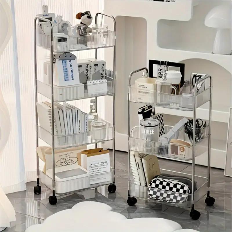 Acrylic Storage Cart with Hanging Basket, Multi-functional Storage Rack for Bedroom, Bathroom, Kitchen ,Home Organizer