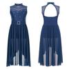 Girls Rhinestone Lyrical Modern Dance Dress Sleeveless Back Hollow High Low Hem Built In Briefs Dance Leotard Dress for Kids