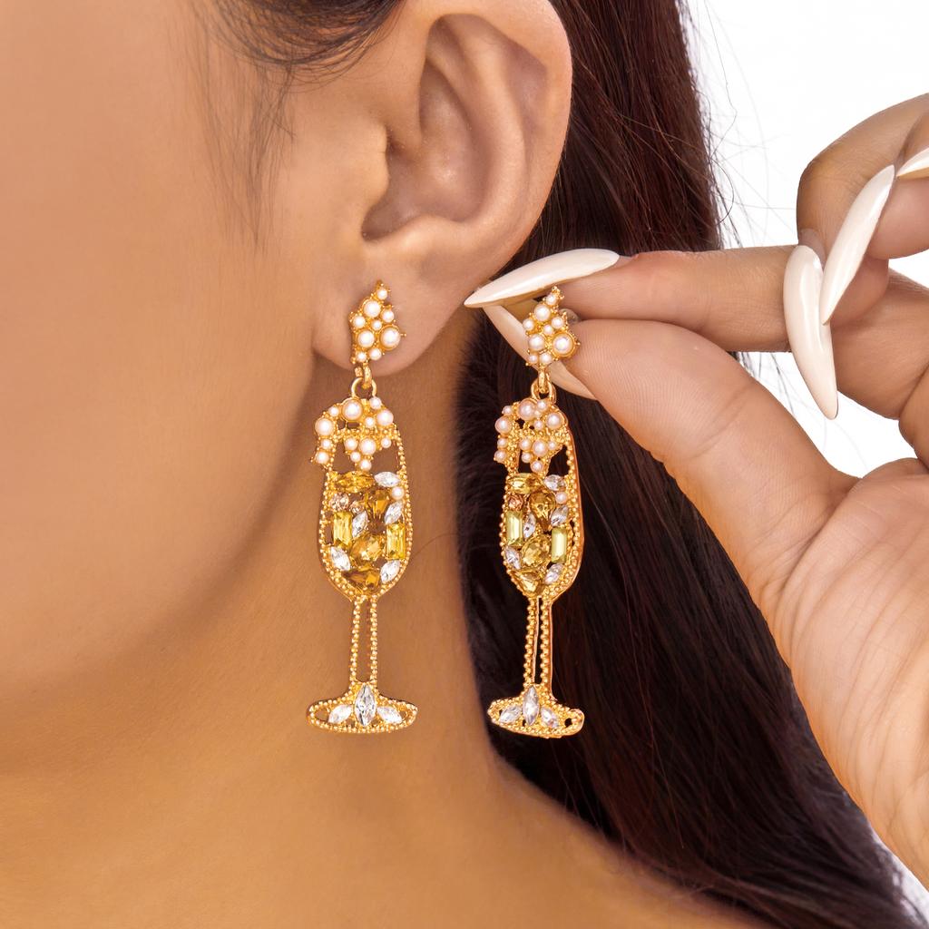 Creative Cocktail Cup Series Design Drop Earrings for Women Imitation Pearl Crystal Rhinestone Goblet Earring Fashion Jewelry