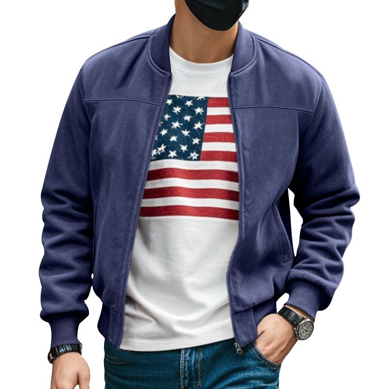 Foreign trade spring and autumn suede solid color men's zipper jacket casual retro long-sleeved cardigan jacket men