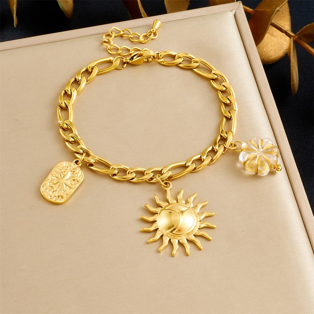 DIEYURO 316L Stainless Steel Golden Sun Totem Crystal Flower Pendant Necklace Bracelet Set Lady New Fashion Jewelry Glamorous