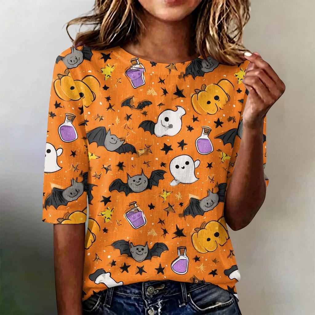 Women Loose Fit Casual Half Sleeve Top Round Neck Lightweight Pullover Blouse with Halloween Ghost Tree Print for Everyday Wear