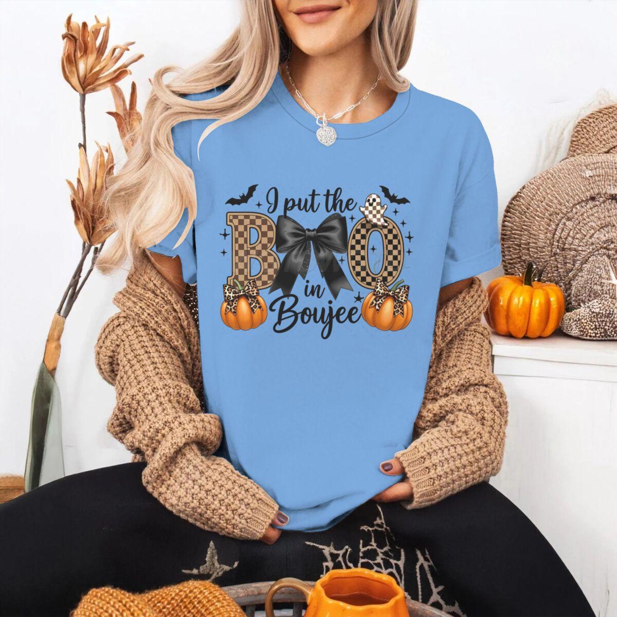 

I Put The Boo in Boujee Graphic Tee Tops Coquette Halloween Classic Tshirts Spooky Season Fashion Tshirt Leopard Pumpkin Tops 4XL