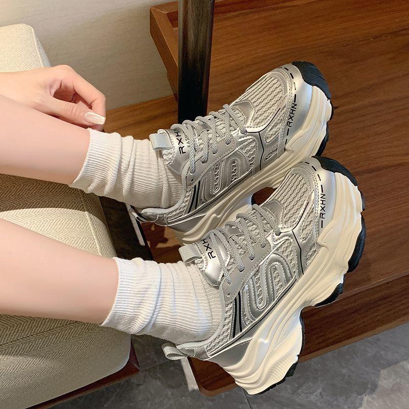 22 Dad Shoes Mesh Breathable Ins Trendy Thick Sole Lightweight Letter Casual Shoes, New Retro Color Matching Sneakers