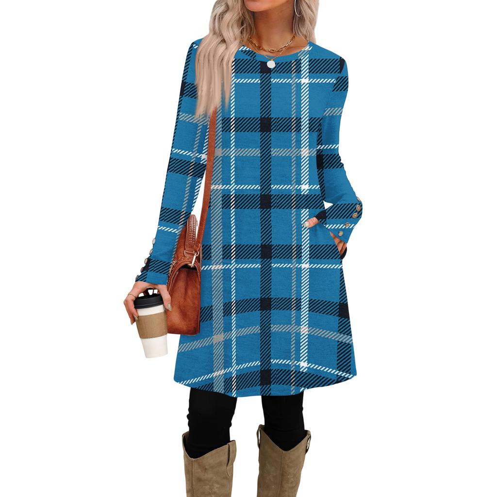 Rochie Casual de Damă la Modă Cu Buzunar, Nasturi Decorativi, Gât Rotund și Mâneci Lungi